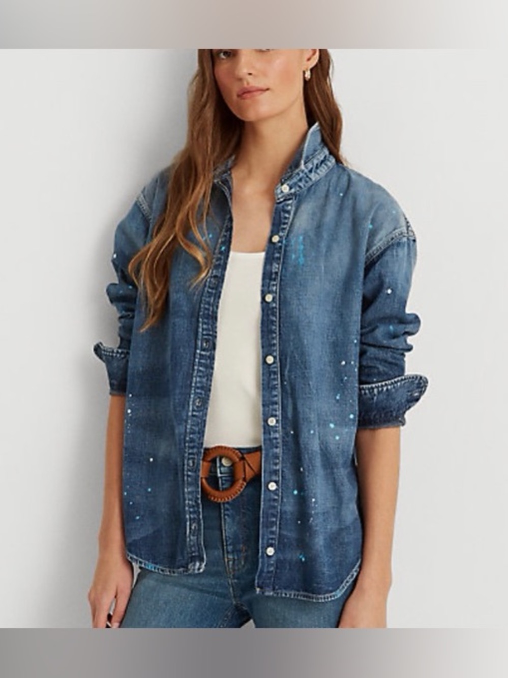 Lauren Ralph Lauren Light Blue Paint Splatter Denim Shirt Size Petite Large